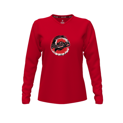 [CUS-DFW-TEES-CMF-VNK-LSL-RED-FYXS-LOGO2] Comfort T-Shirt (Female Youth XS, Red, V Neck, Logo 2, Long Sleeve)
